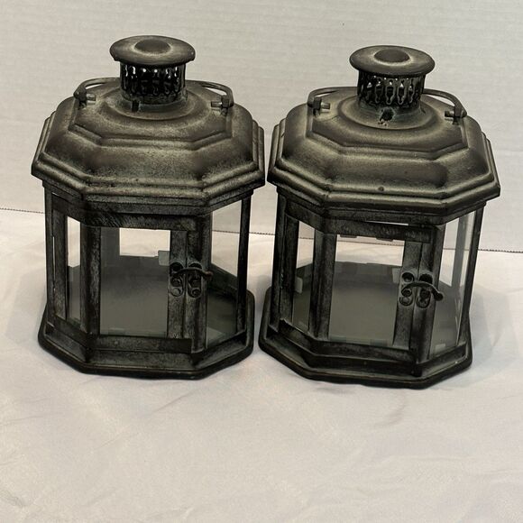 Hanging Lantern Metal Tealight Candle Holders With Glass Set of 2 RusticHanging - Picture 1 of 6